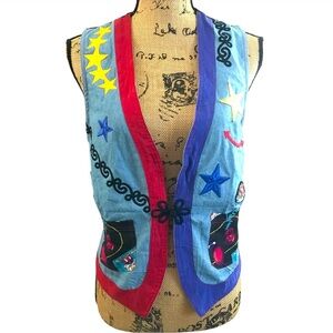 Vintage Americana Denim Style Vest Size 4 Whimsical Embroidered July 4th Flag US